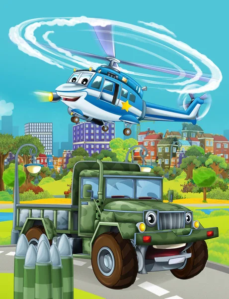 Escena de dibujos animados con vehículo militar del ejército en la carretera y helicóptero de la policía volando sobre - ilustración para los niños — Foto de Stock