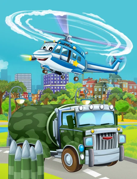 Cartoon scene with military army car vehicle on the road and police helicopter flying over - illustration for children — Stock Photo, Image