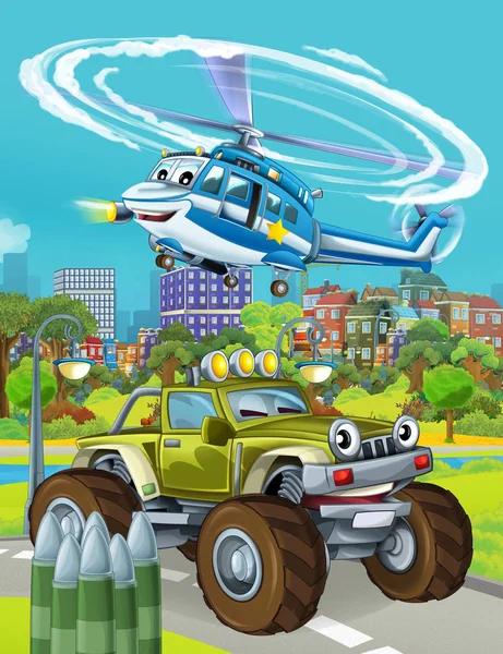 Cartoon scene with military army car vehicle on the road and police helicopter flying over - illustration for children — Stock Photo, Image