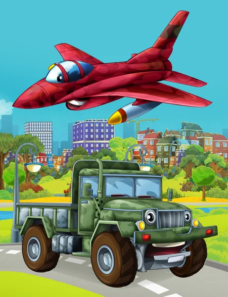 Zeichentrickszene mit Militärfahrzeug auf der Straße und überfliegendem Düsenflugzeug - Illustration für Kinder — Stockfoto