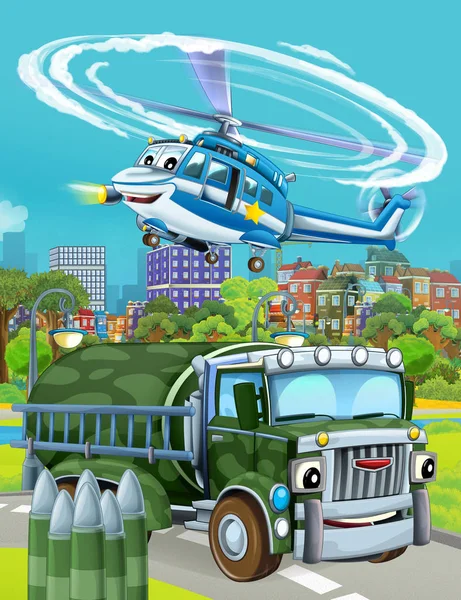 Tecknad scen med militär armé bil fordon på väg och polis helikopter flyger över - illustration för barn — Stockfoto