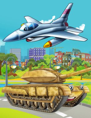 Karikatür sahnesi, yolda askeri araç tankı ve üzerinde uçan jet uçağı - çocuklar için illüstrasyon