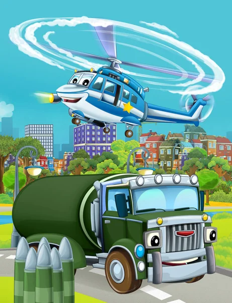 Cartoon scene with military army car vehicle on the road and police helicopter flying over - illustration for children — Stock Photo, Image