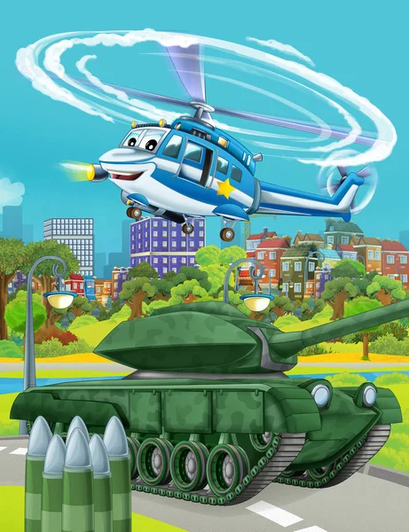 Cartoon scene with military army car vehicle on the road and police helicopter flying over - illustration for children — Stock Photo, Image