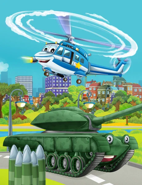 Cartoon scene met militaire leger auto voertuig op de weg en politie helikopter vliegen over - illustratie voor kinderen — Stockfoto