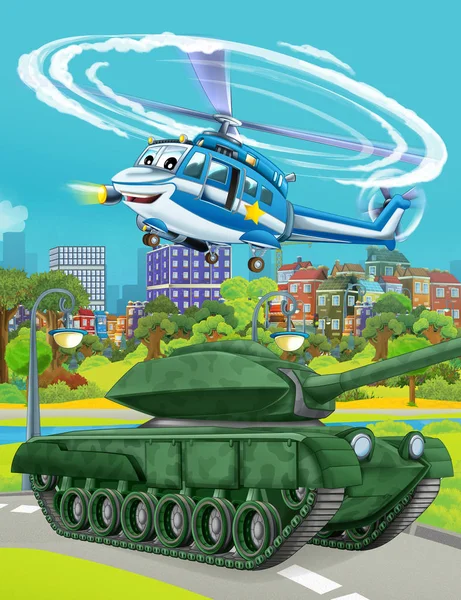 cartoon scene with military army car vehicle on the road and police helicopter flying over - illustration for children