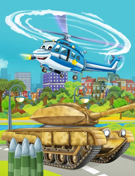 Cartoon scene met militaire leger auto voertuig op de weg en politie helikopter vliegen over - illustratie voor kinderen — Stockfoto