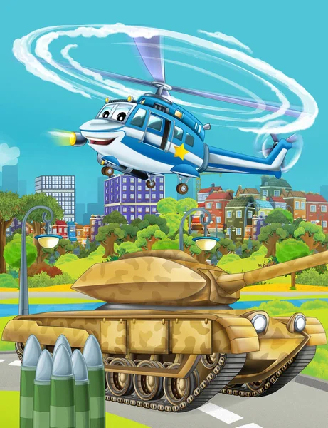 cartoon scene with military army car vehicle on the road and police helicopter flying over - illustration for children