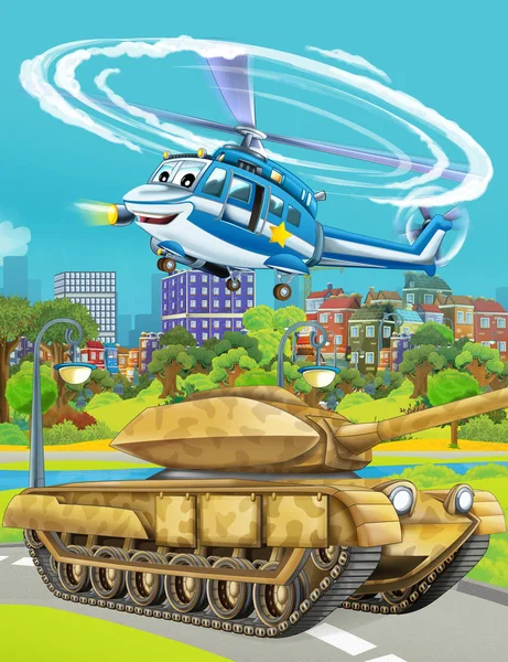 Мультфильм сцены с военным автомобилем армии на дороге и полицейский вертолет пролетел над - иллюстрация для детей — стоковое фото