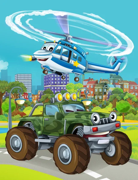 Kreslená scéna s vojenskou armádou auto vozidlo na silnici a policejní vrtulník přelet - ilustrace pro děti — Stock fotografie