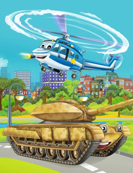 Cartoon scene with military army car vehicle on the road and police helicopter flying over - illustration for children — Stock Photo, Image