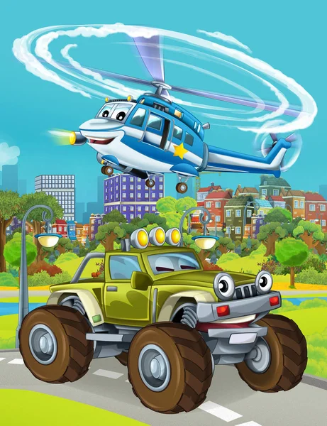 군용 차량이길을달리고 있고 어린이들을 위해 경찰 헬리콥터 가 상공으로 날아가고 있는 만화 장면 — 스톡 사진