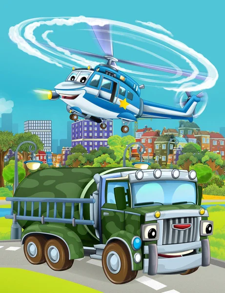 Cartoon scene met militaire leger auto voertuig op de weg en politie helikopter vliegen over - illustratie voor kinderen — Stockfoto