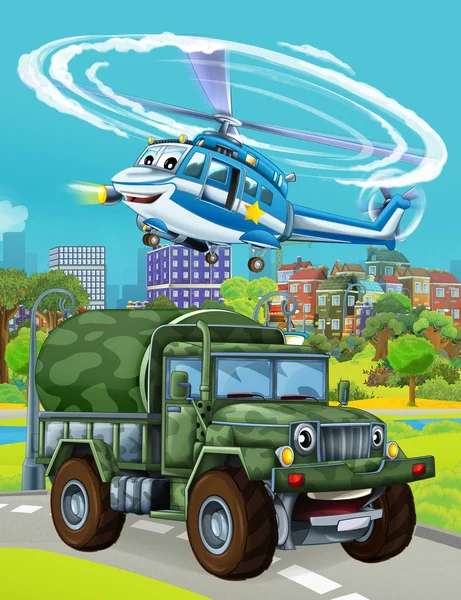 Cartoon scene met militaire leger auto voertuig op de weg en politie helikopter vliegen over - illustratie voor kinderen — Stockfoto