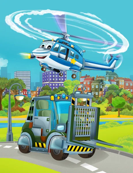 Cartoon scene met militaire leger auto voertuig op de weg en politie helikopter vliegen over - illustratie voor kinderen — Stockfoto