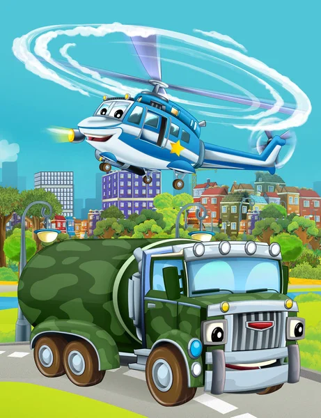 Cartoon scene with military army car vehicle on the road and police helicopter flying over - illustration for children — Stock Photo, Image
