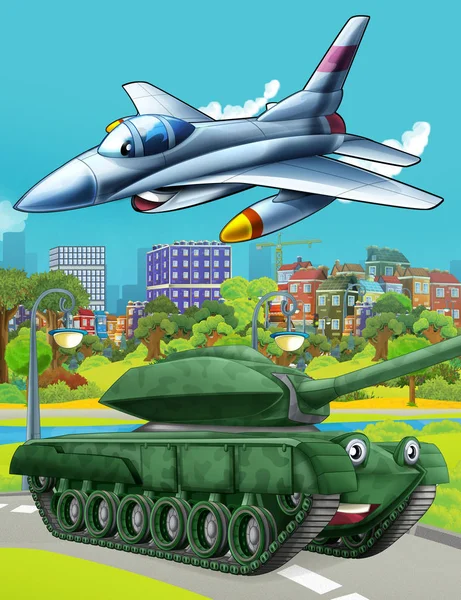 cartoon scene with military army car vehicle tank on the road and jet plane flying over - illustration for children