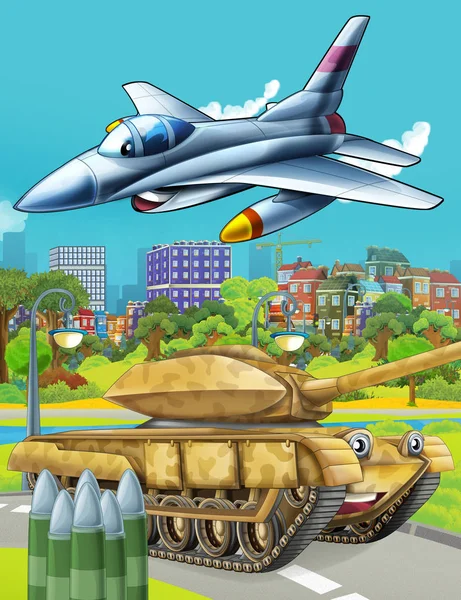 Cartoon scene met militaire leger auto tank op de weg en jet vliegtuig vliegen over - illustratie voor kinderen — Stockfoto