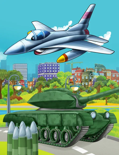 Cartoon scene met militaire leger auto tank op de weg en jet vliegtuig vliegen over - illustratie voor kinderen — Stockfoto