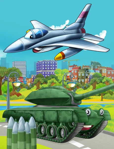 ฉากการ์ตูนที่มีรถถังกองทัพทหารบนถนนและเครื่องบินเจ็ทบินเหนือ ภาพประกอบสําหรับเด็ก — ภาพถ่ายสต็อก