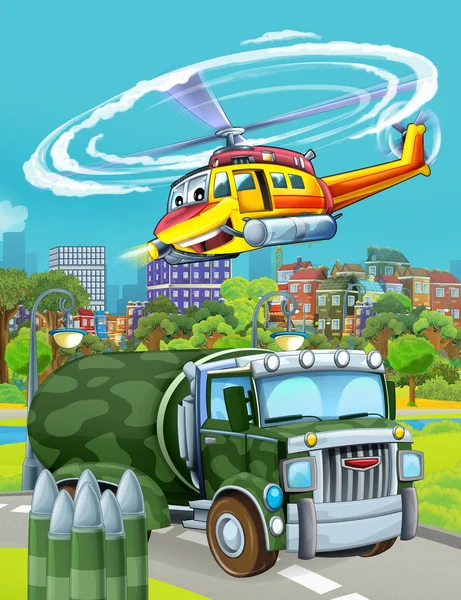 Мультфильм сцены с военным автомобилем на дороге и спасательный вертолет или пожарный вертолет пролетел над - иллюстрация для детей — стоковое фото