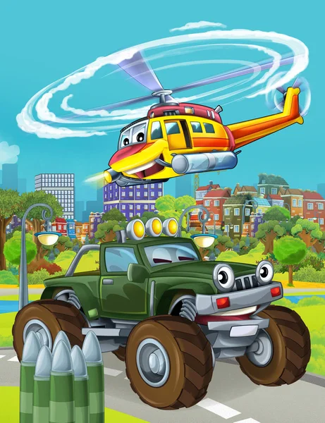 Cartoonszene mit Militärfahrzeug auf der Straße und Rettungshubschrauber oder Feuerwehrhubschrauber im Überflug - Illustration für Kinder — Stockfoto