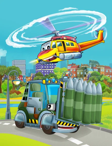 Kreslená scéna s vojenskou armádou auto vozidlo na silnici a záchrana nebo hasič vrtulník přelet - ilustrace pro děti — Stock fotografie