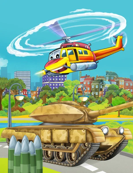 Cartoon scene met militaire leger auto voertuig op de weg en redding of brandweerman helikopter vliegen over - illustratie voor kinderen — Stockfoto