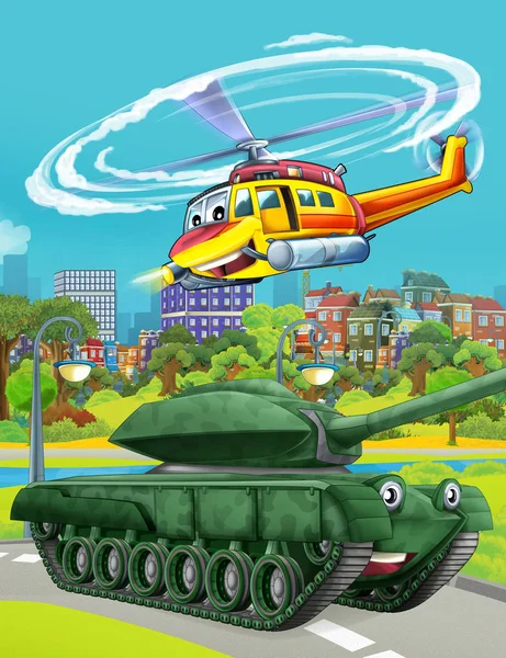Cartoon scene met militaire leger auto voertuig op de weg en redding of brandweerman helikopter vliegen over - illustratie voor kinderen — Stockfoto