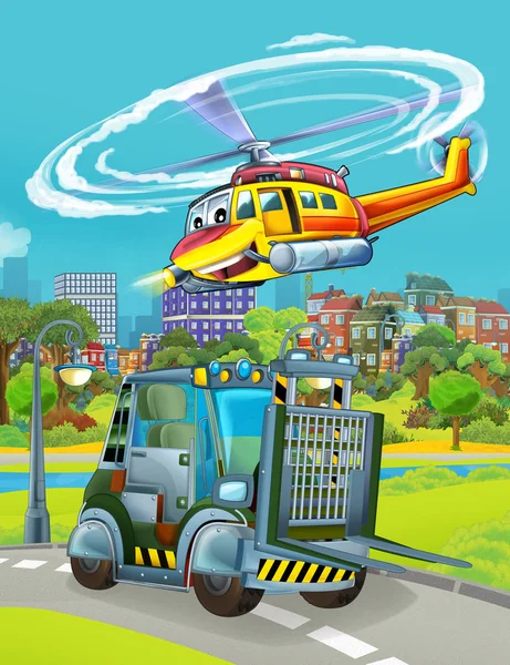 Escena de dibujos animados con vehículo de coche del ejército militar en la carretera y helicóptero de rescate o bombero volando sobre - ilustración para niños — Foto de Stock