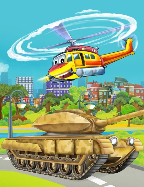 Cartoon scene met militaire leger auto voertuig op de weg en redding of brandweerman helikopter vliegen over - illustratie voor kinderen — Stockfoto