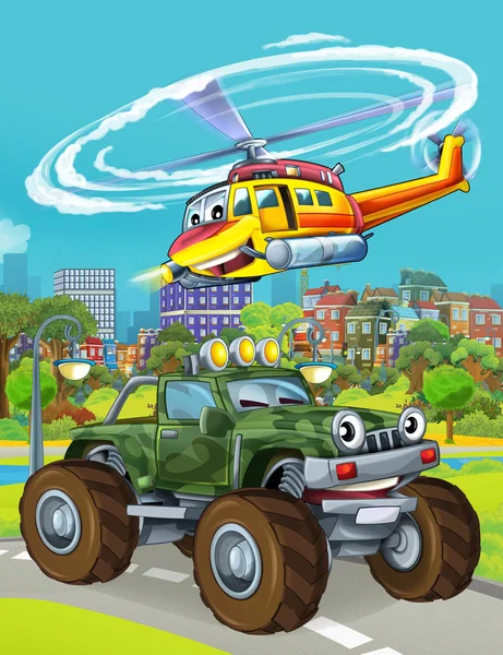 Cartoon scene with military army car vehicle on the road and rescue or fireman helicopter flying over - illustration for children — Stock Photo, Image