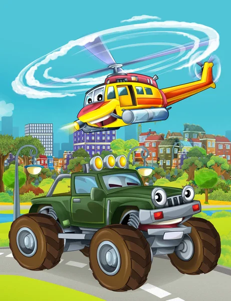 Cena dos desenhos animados com veículo de carro do exército militar na estrada e resgate ou helicóptero bombeiro sobrevoando ilustração para crianças — Fotografia de Stock