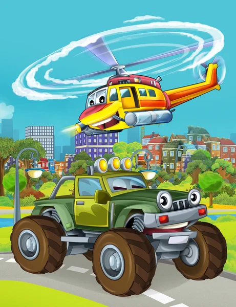 Scena kreskówek z wojskowym samochodem wojskowym na drodze i helikopter ratowniczy lub strażacki przelatujący nad - ilustracja dla dzieci — Zdjęcie stockowe