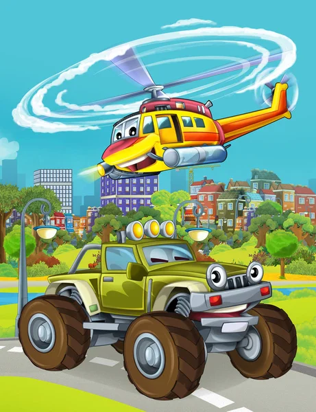 Escena de dibujos animados con vehículo de coche del ejército militar en la carretera y helicóptero de rescate o bombero volando sobre - ilustración para niños — Foto de Stock