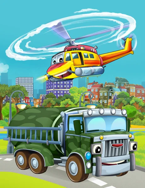 Cartoon scene with military army car vehicle on the road and rescue or fireman helicopter flying over - illustration for children — Stock Photo, Image