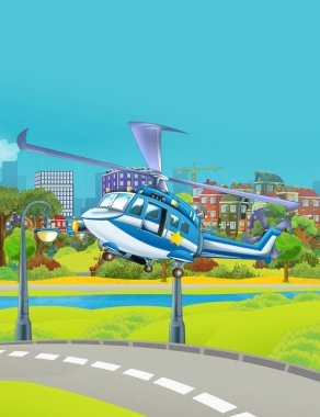 Polis aracı helikopterinin park yolu yakınında uçtuğu karikatür sahnesi - çocuklar için çizimler