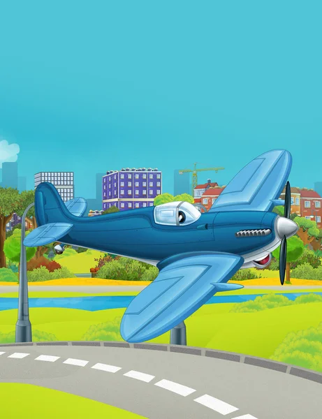 Cena dos desenhos animados com veículo policial avião voando perto da estrada do parque - ilustração para crianças — Fotografia de Stock