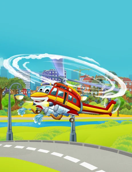 Scena del cartone animato con elicottero del veicolo di emergenza pompiere che vola vicino alla strada del parco - illustrazione per i bambini — Foto Stock
