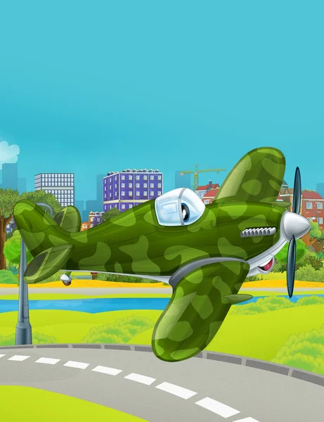 Мультфильм сцена с военным автомобилем самолет, летящий рядом с парковой дороги - иллюстрация для детей — стоковое фото