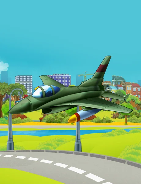 Askeri araçlı savaş uçağının park yolu yakınında uçtuğu karikatür sahnesi - çocuklar için illüstrasyon — Stok fotoğraf