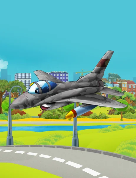 Zeichentrickszene mit Militärfahrzeug-Kampfjet in der Nähe der Parkstraße - Illustration für Kinder — Stockfoto