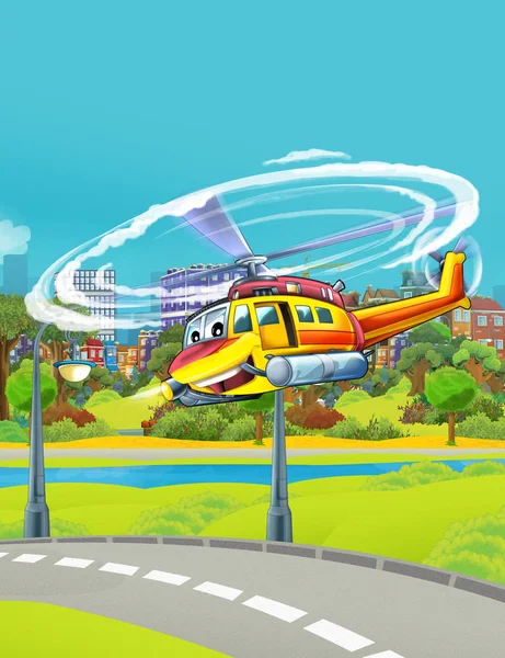 Cartoon scene with fireman emergency vehicle helicopter flying near park road - illustration for children — Stock Photo, Image