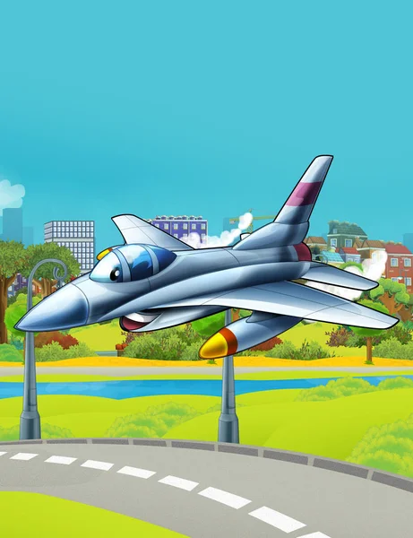 Cena dos desenhos animados com avião de caça a jato do exército militar voando perto da estrada do parque ilustração para crianças — Fotografia de Stock