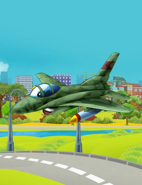 Cartoon scene with military army vehicle jet fighter plane flying near park road - illustration for children — 스톡 사진