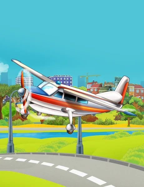 Cartoon scene with fireman emergency vehicle plane flying near park road - illustration for children — Stock Photo, Image