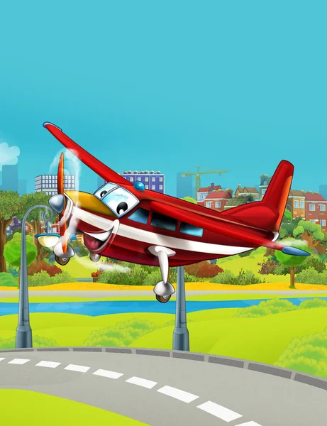 Escena de dibujos animados con bombero vehículo de emergencia avión volando cerca de la carretera del parque - ilustración para los niños —  Fotos de Stock
