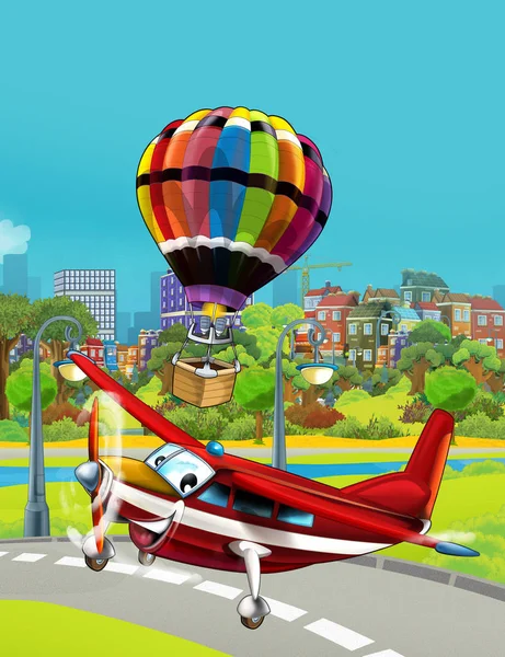 Мультфильм сцена с пожарным аварийным транспортным средством самолет, летящий рядом с парковой дороги и красочный воздушный шар, летящий над водой - иллюстрация для детей — стоковое фото