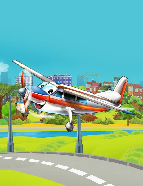 Cena dos desenhos animados com bombeiro avião veículo de emergência voando perto da estrada do parque - ilustração para crianças — Fotografia de Stock