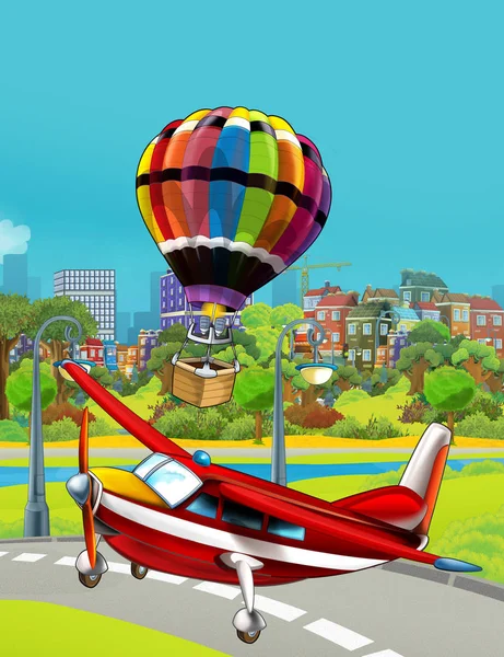Escena de dibujos animados con bombero avión de emergencia del vehículo volando cerca de la carretera del parque y globo de colores volando sobre el agua - ilustración para los niños — Foto de Stock